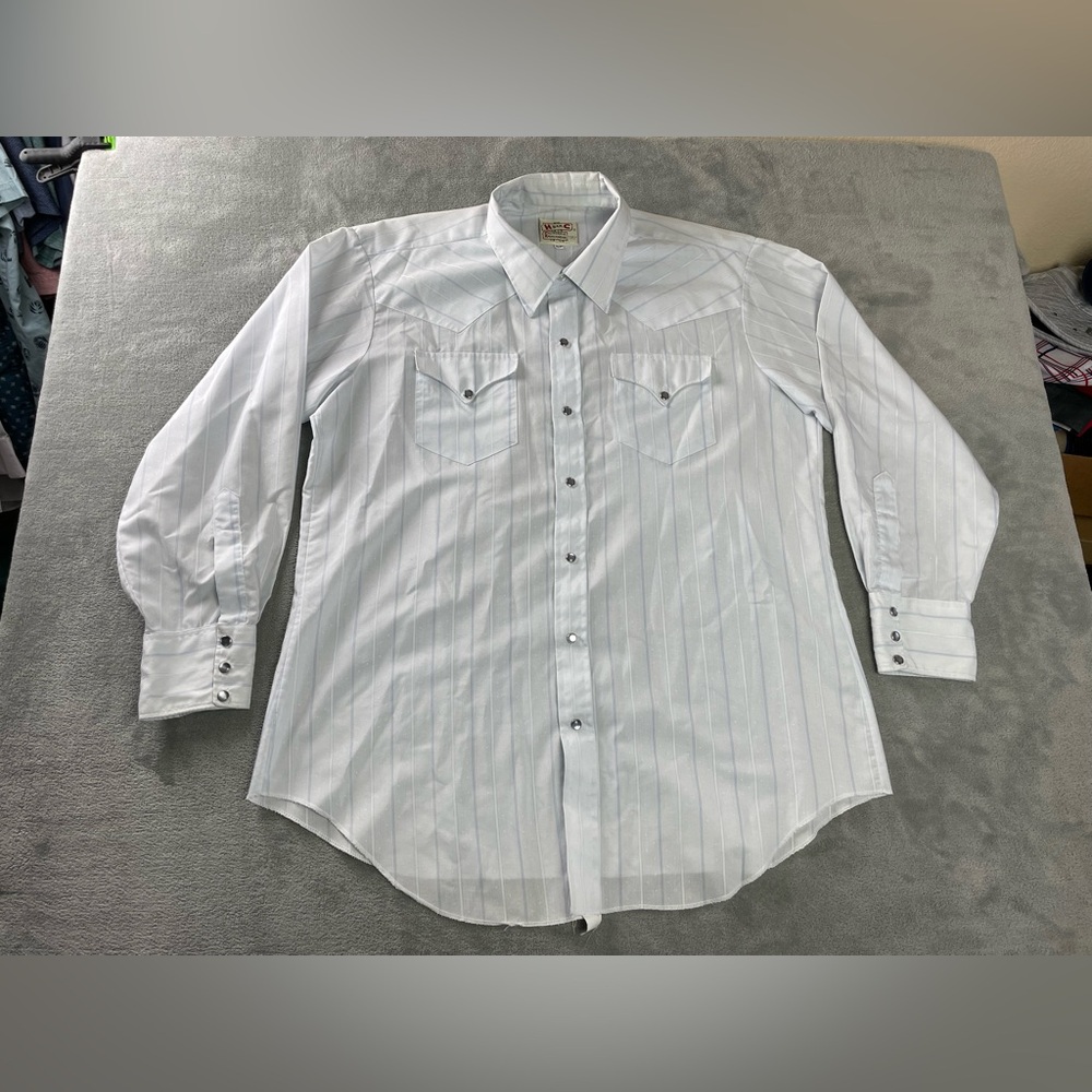 Vtg 60 70 H Bar C California Ranchwear Shirt Blue Pearl Snap 17.5 34 Made In USA